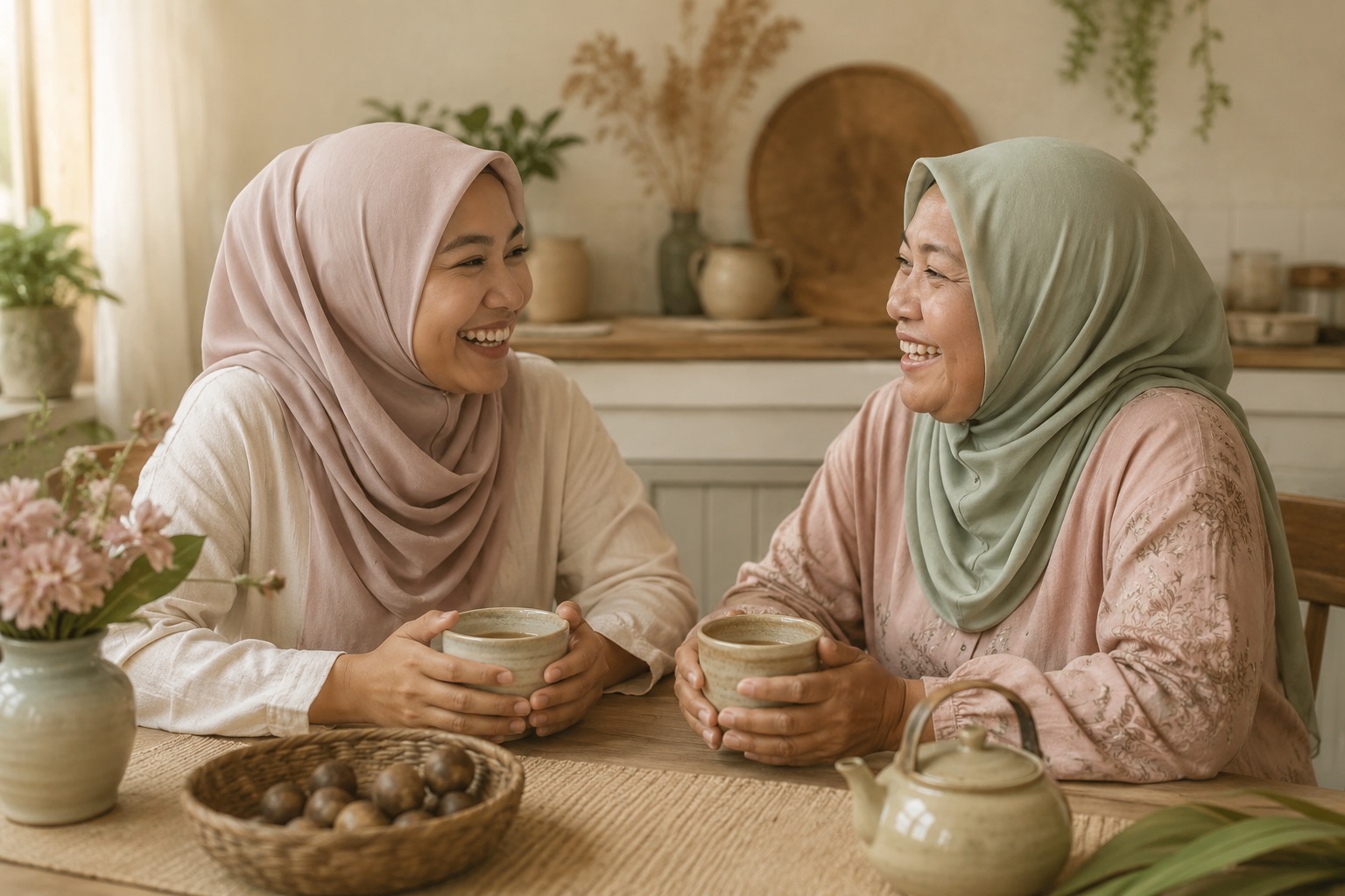 Two mothers laughing over warm drinks