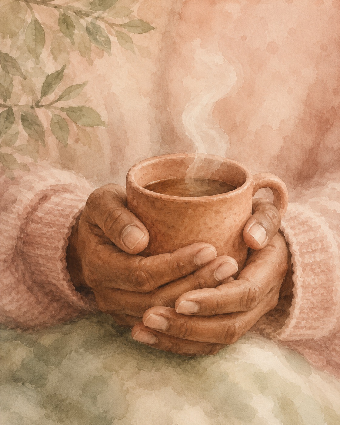Hands cradling a warm clay mug